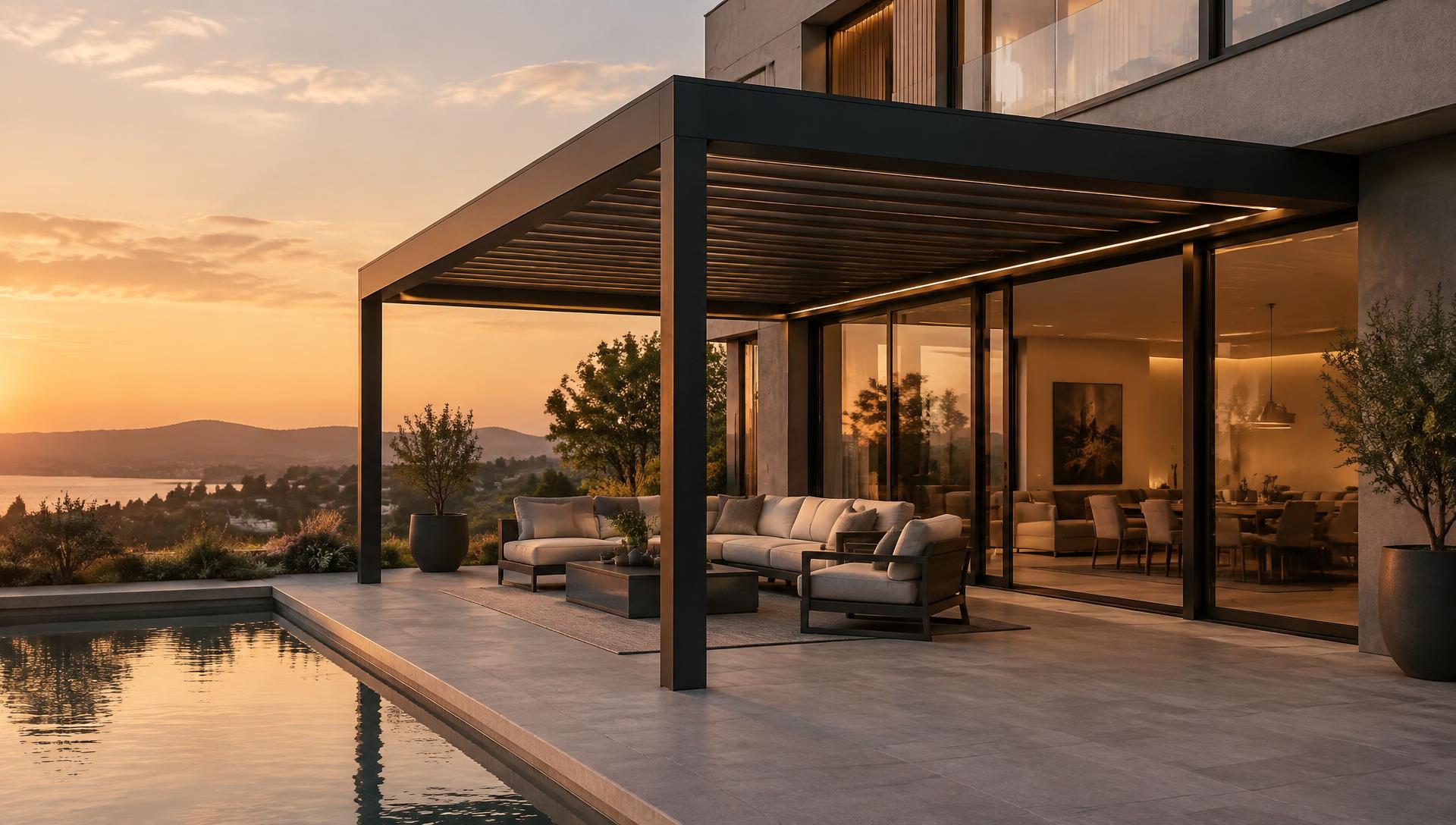 Moderne Terrassenüberdachung aus Aluminium über einer Lounge-Terrasse